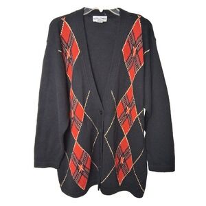 Vintage Alfred Dunner Argyle Gold Cardigan Sweater Size 2X Holiday Christmas